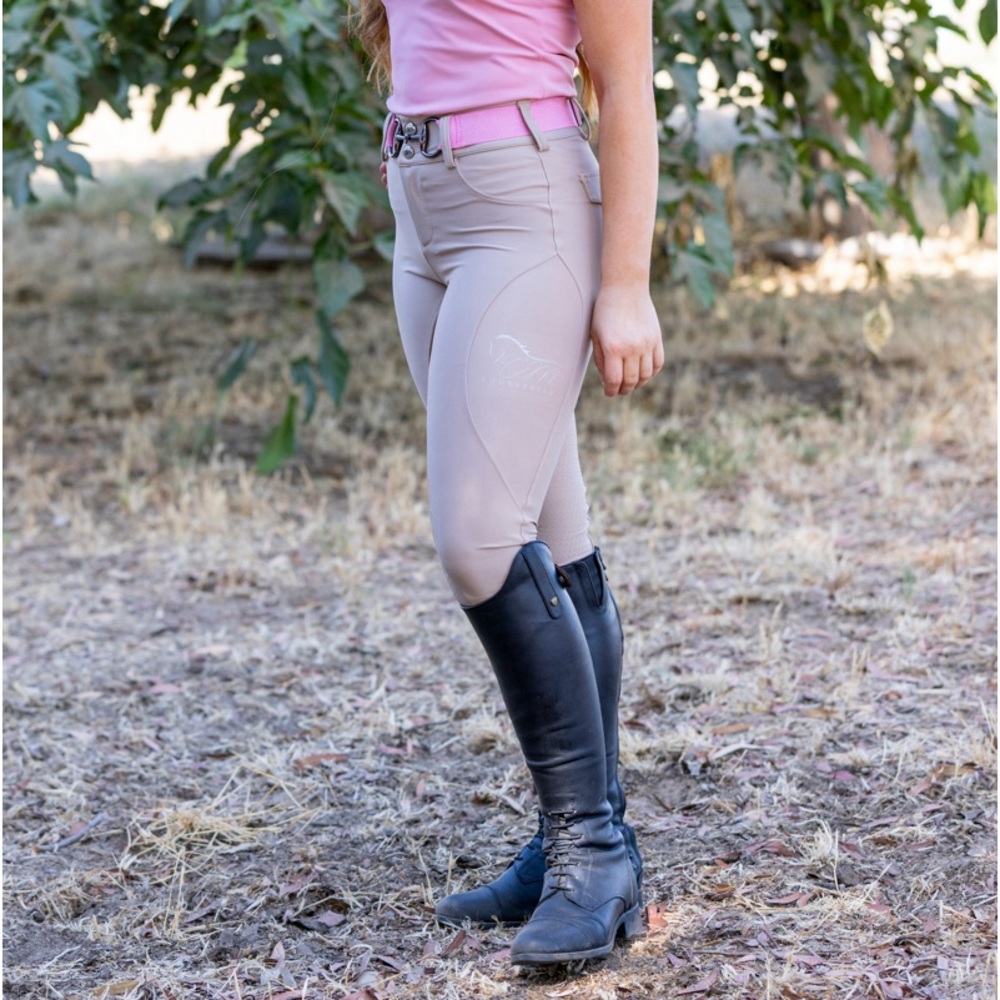 NWT Equestrian beige, button up riding breeches full bottom CM logo on pocket